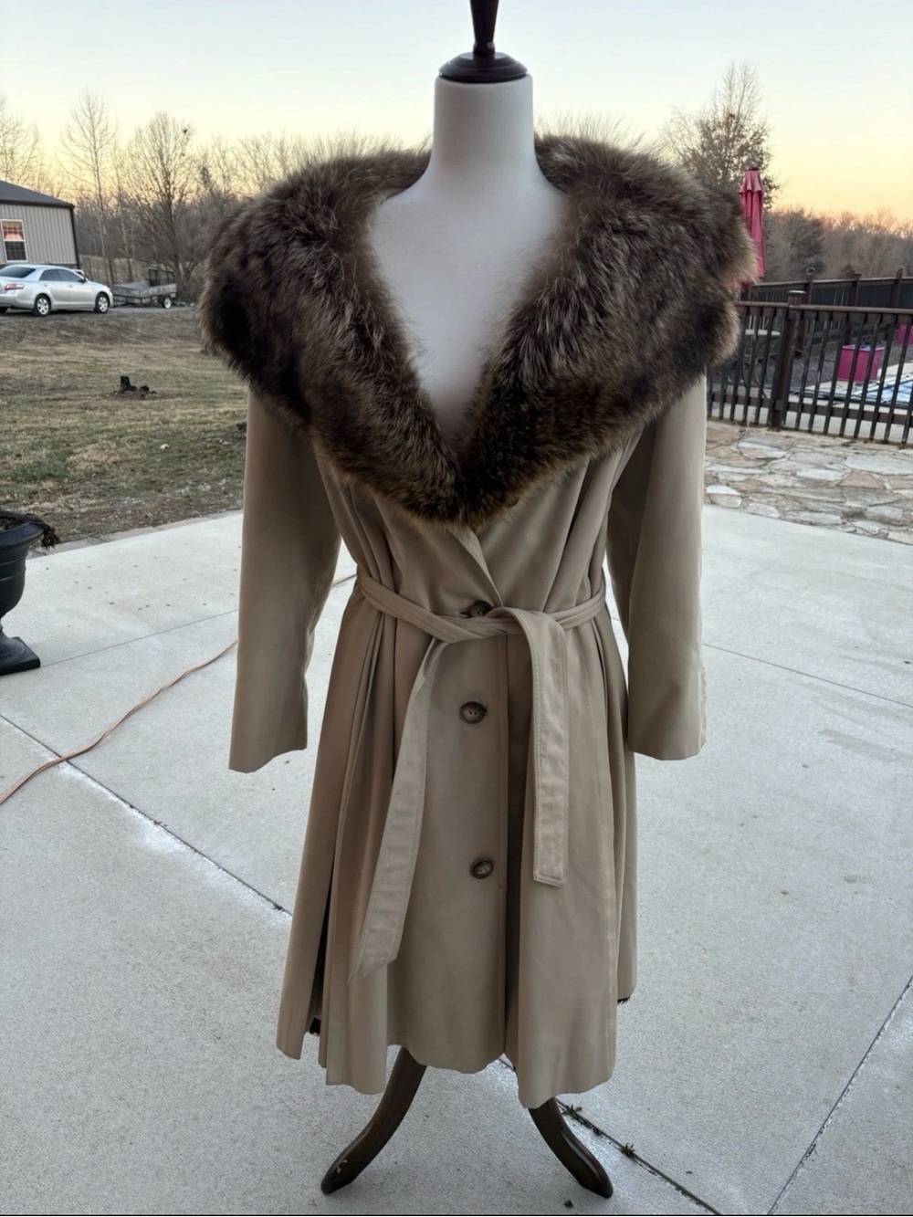 Women's VINTAGE RARE Christian Dior Taupe Trench Coat with Fur Collar